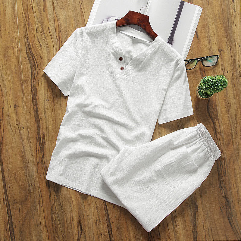 Conjunto informal de 2 piezas Buddha Stones : camiseta de manga corta lisa con bolsillos, de algodón y lino, para hombre, ideal para meditación. - Blanco - US/UK/AU46, EU56 (5XL) - image 1