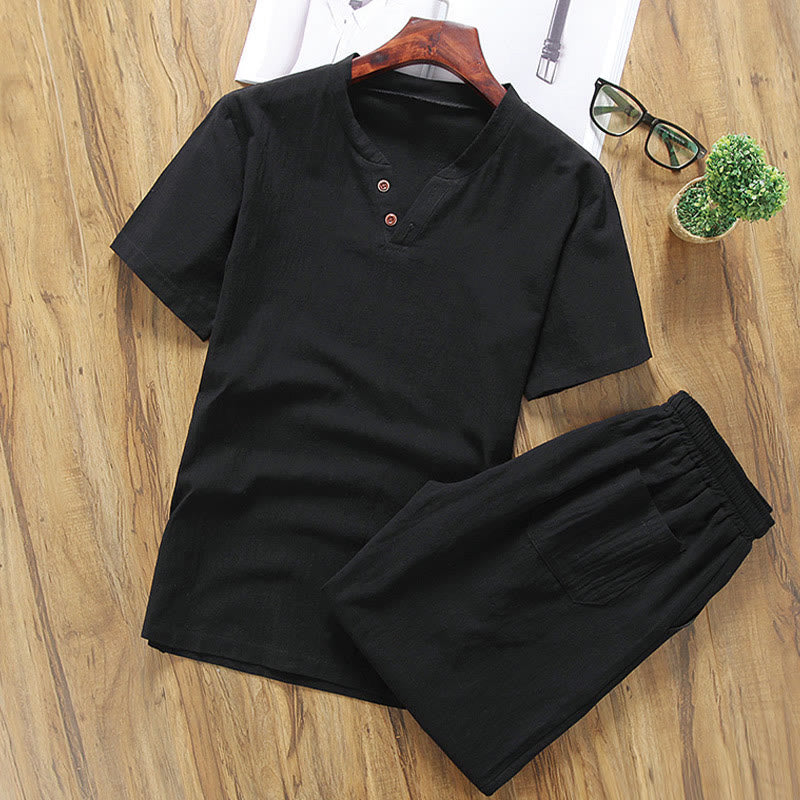 Conjunto de 2 camisetas y pantalones cortos de manga corta con estampado de Buddha Stones y bolsillos de algodón y lino para meditación de hombre - Negro - US/UK/AU46, EU56 (5XL) - image 8