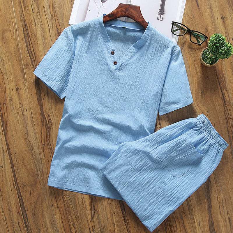 Conjunto de 2 camisetas y pantalones cortos de manga corta con estampado de Buddha Stones y bolsillos de algodón y lino para meditación de hombre - Azul cielo profundo - US/UK/AU46, EU56 (5XL) - image 10