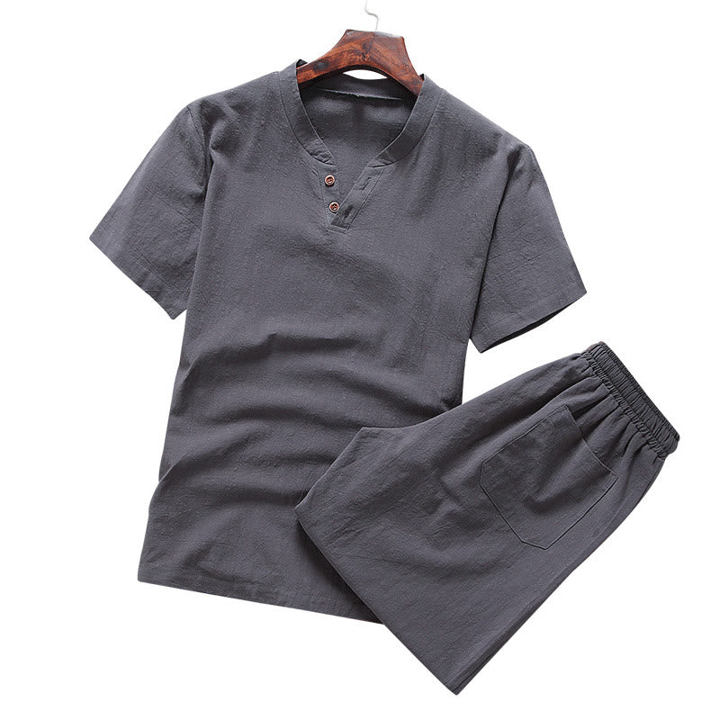 Conjunto de 2 camisetas y pantalones cortos de manga corta con estampado de Buddha Stones y bolsillos de algodón y lino para meditación de hombre - image 7