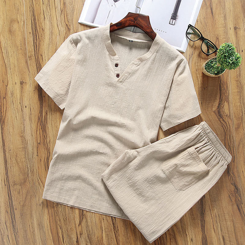 Conjunto de 2 camisetas y pantalones cortos de manga corta con estampado de Buddha Stones y bolsillos de algodón y lino para meditación de hombre - Vara de oro pálida - US/UK/AU46, EU56 (5XL) - image 1