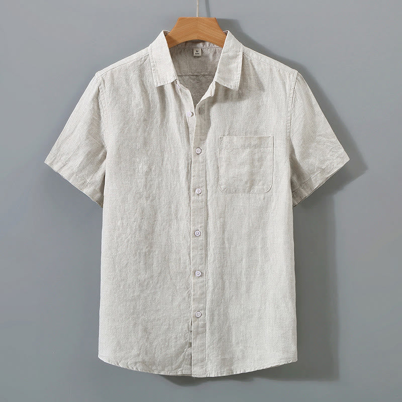 Camisa de manga corta de algodón con botones de color puro para hombre, informal, de verano, con estampado de Buddha Stones y bolsillo - Lino - US/UK/AU44, EU54 (4XL) - image 1