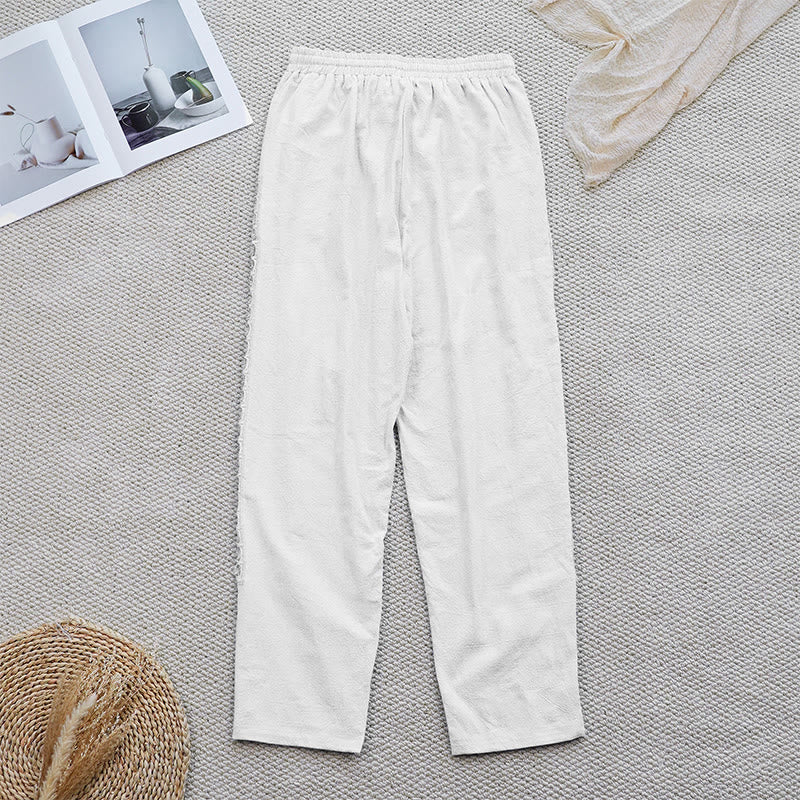 Pantalones de lino y algodón con diseño de empalme de colores lisos de verano para mujer con bolsillos y Buddha Stones - image 2