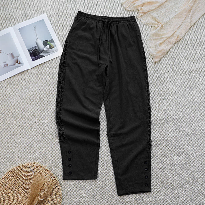 Pantalones de lino y algodón con diseño de empalme de colores lisos de verano para mujer con bolsillos y Buddha Stones - image 9