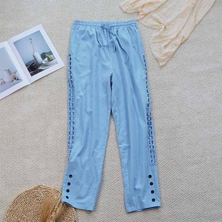 Pantalones de lino y algodón con diseño de empalme de colores lisos de verano para mujer con bolsillos y Buddha Stones - Azul cielo claro - US12, UK/AU16, EU44 (2XL) - image 28
