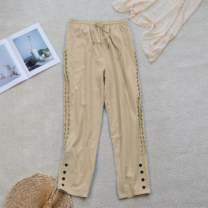 Pantalones de lino y algodón con diseño de empalme de colores lisos de verano para mujer con bolsillos y Buddha Stones - Vara de oro pálida - US12, UK/AU16, EU44 (2XL) - image 21