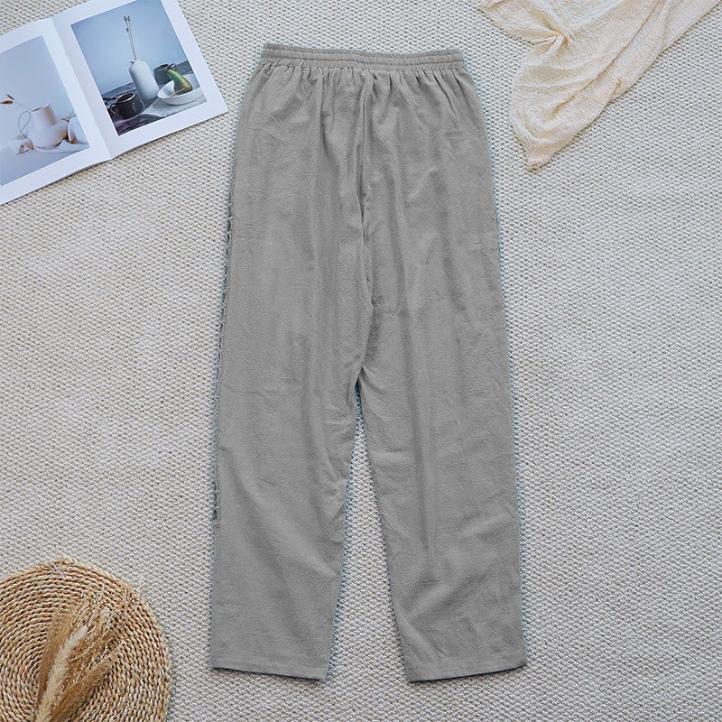 Pantalones de lino y algodón con diseño de empalme de colores lisos de verano para mujer con bolsillos y Buddha Stones - image 16