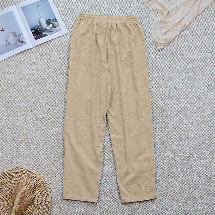 Pantalones de lino y algodón con diseño de empalme de colores lisos de verano para mujer con bolsillos y Buddha Stones - image 23