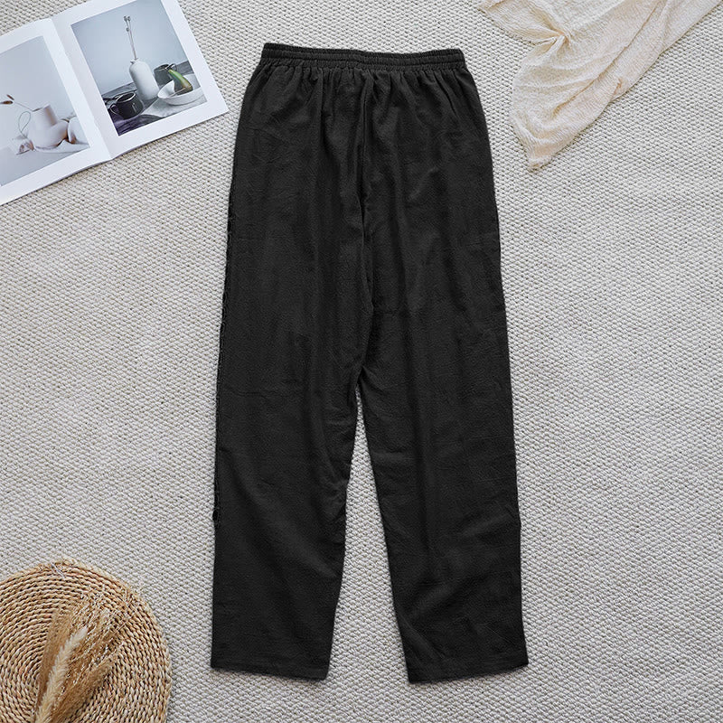 Pantalones de lino y algodón con diseño de empalme de colores lisos de verano para mujer con bolsillos y Buddha Stones - image 8