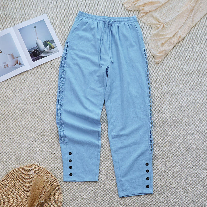 Pantalones de lino y algodón con diseño de empalme de colores lisos de verano para mujer con bolsillos y Buddha Stones - image 29