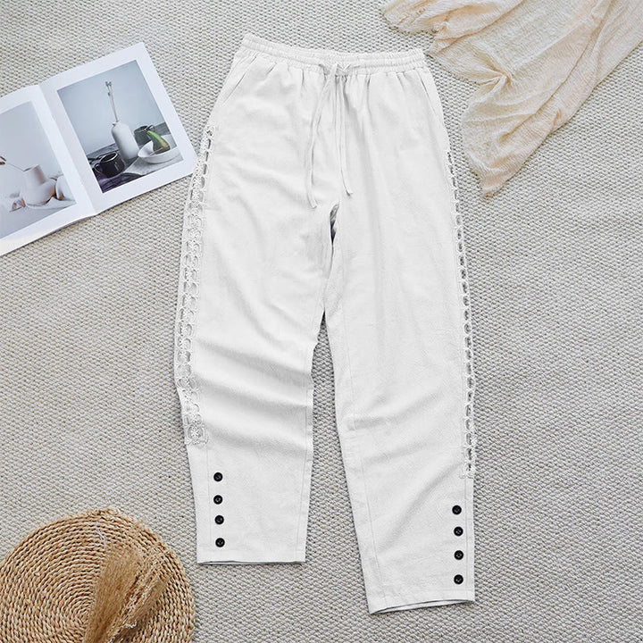 Pantalones de lino y algodón con diseño de empalme de colores lisos de verano para mujer con bolsillos y Buddha Stones - image 1