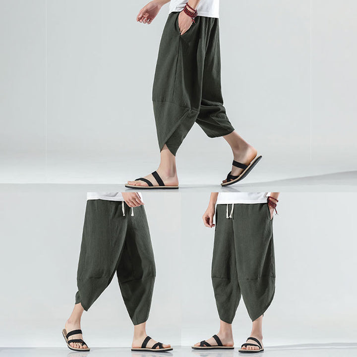 Pantalones Buddha Stones para hombre, con diseño sencillo y liso, con cordón ajustable, de 7 a 8 pulgadas de largo y bolsillos.