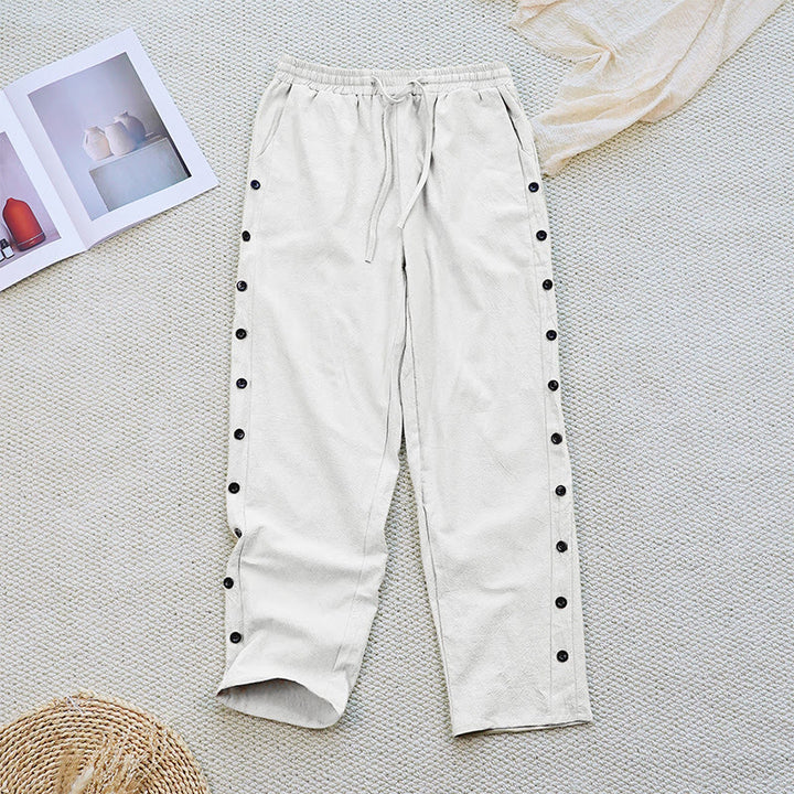 Pantalones de lino y algodón con cordón ajustable para mujer, con diseño de patchwork liso de verano y bolsillos, con Buddha Stones
