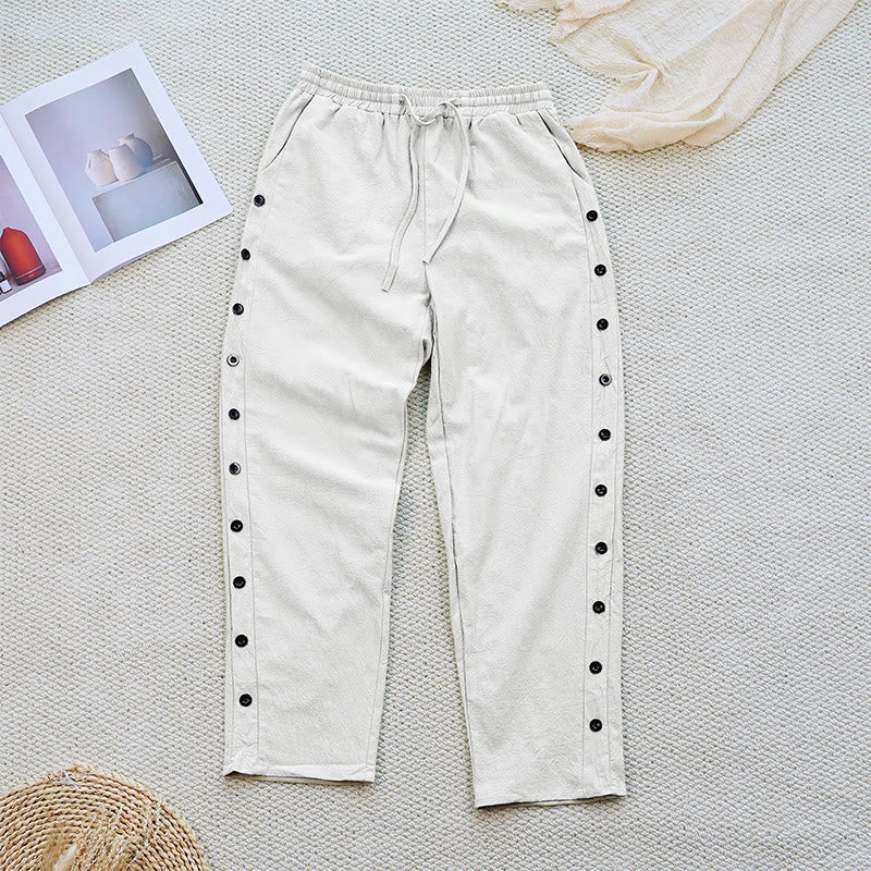 Pantalones de lino y algodón con cordón ajustable para mujer, con diseño de patchwork liso de verano y bolsillos, con Buddha Stones - image 1