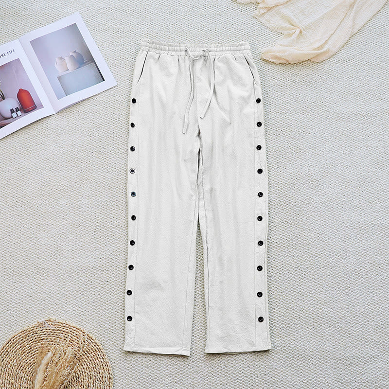 Pantalones de lino y algodón con cordón ajustable para mujer, con diseño de patchwork liso de verano y bolsillos, con Buddha Stones
