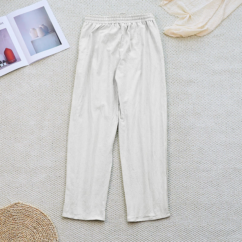 Pantalones de lino y algodón con cordón ajustable para mujer, con diseño de patchwork liso de verano y bolsillos, con Buddha Stones