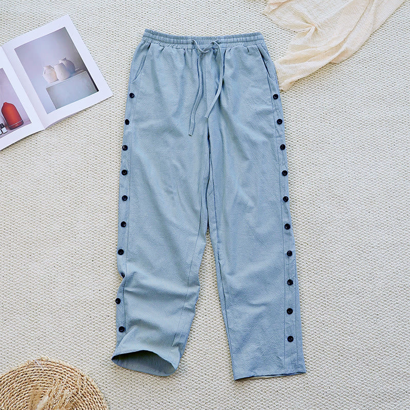 Pantalones de lino y algodón con cordón ajustable para mujer, con diseño de patchwork liso de verano y bolsillos, con Buddha Stones - Azul cielo claro - US12, UK/AU16, EU44 (2XL) - image 16