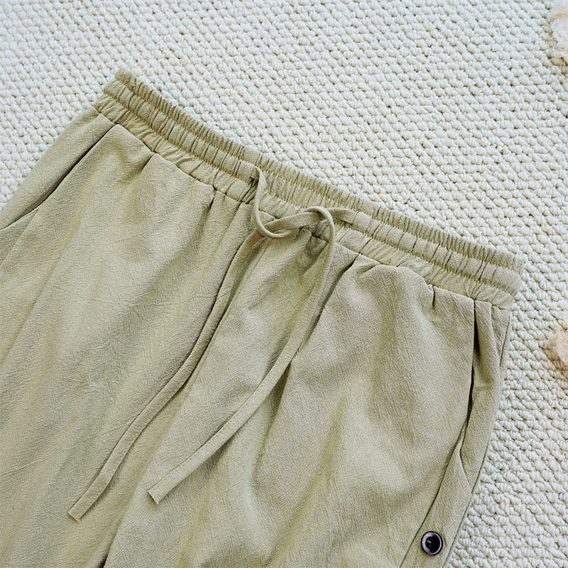 Pantalones de lino y algodón con cordón ajustable para mujer, con diseño de patchwork liso de verano y bolsillos, con Buddha Stones - image 28