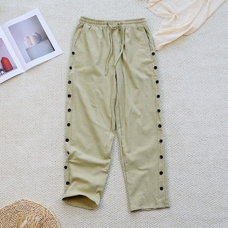 Pantalones de lino y algodón con cordón ajustable para mujer, con diseño de patchwork liso de verano y bolsillos, con Buddha Stones - vara de oro pálida - US12, UK/AU16, EU44 (2XL) - image 24