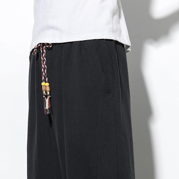 Pantalones harén de lino para hombre, informales, de verano, con cordón ajustable, de longitud 7-8 y bolsillos, de Buddha Stones