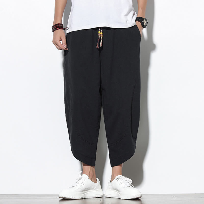 Pantalones harén de lino para hombre, informales, de verano, con cordón ajustable, de longitud 7-8 y bolsillos, de Buddha Stones