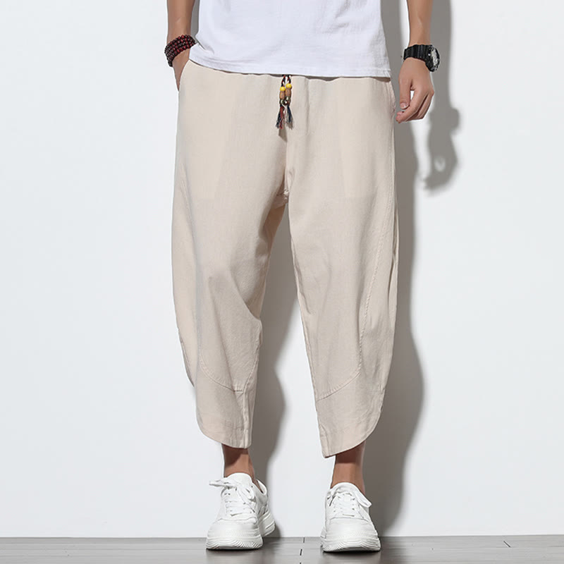Pantalones harén de lino para hombre, informales, de verano, con cordón ajustable, de longitud 7-8 y bolsillos, de Buddha Stones