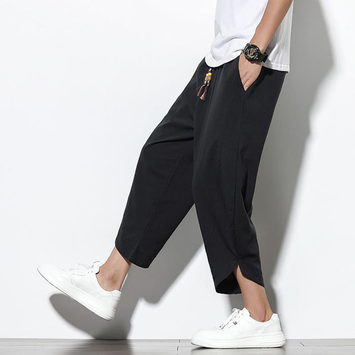Pantalones harén de lino para hombre, informales, de verano, con cordón ajustable, de longitud 7-8 y bolsillos, de Buddha Stones