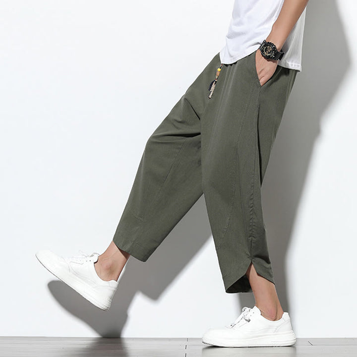 Pantalones harén de lino para hombre, informales, de verano, con cordón ajustable, de longitud 7-8 y bolsillos, de Buddha Stones - image 37