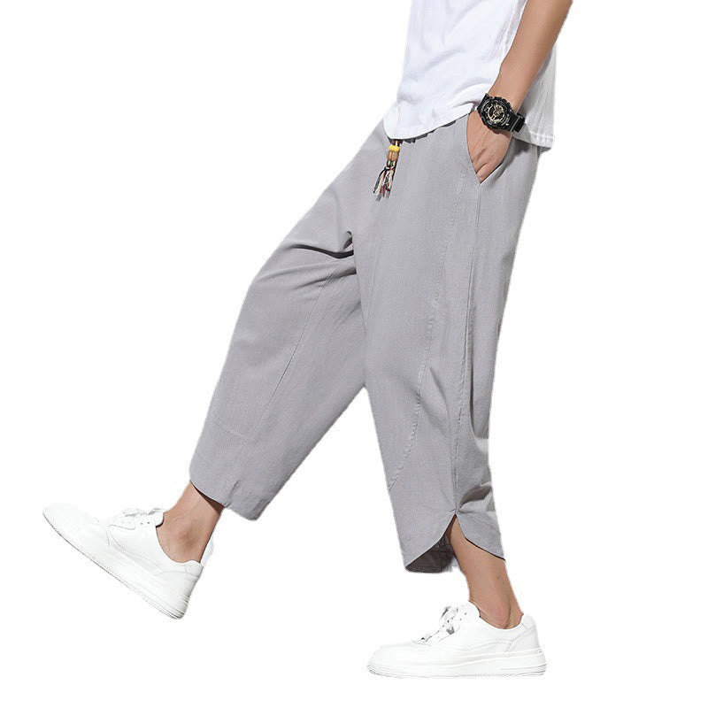 Pantalones harén de lino para hombre, informales, de verano, con cordón ajustable, de longitud 7-8 y bolsillos, de Buddha Stones