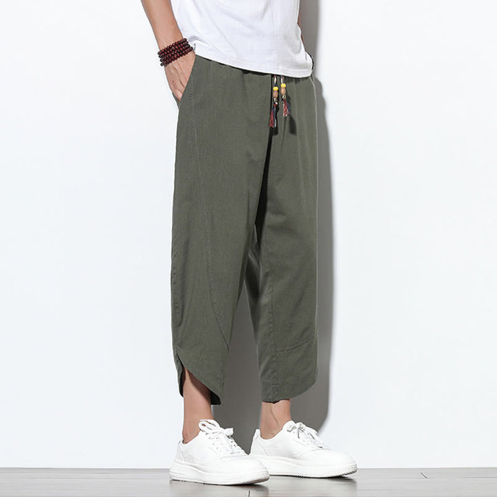 Pantalones harén de lino para hombre, informales, de verano, con cordón ajustable, de longitud 7-8 y bolsillos, de Buddha Stones