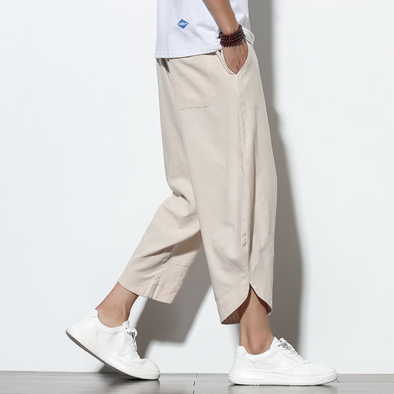 Pantalones harén de lino para hombre, informales, de verano, con cordón ajustable, de longitud 7-8 y bolsillos, de Buddha Stones