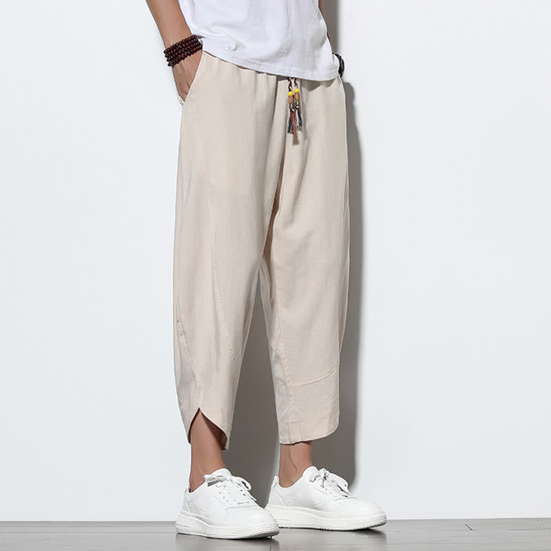 Pantalones harén de lino para hombre, informales, de verano, con cordón ajustable, de longitud 7-8 y bolsillos, de Buddha Stones