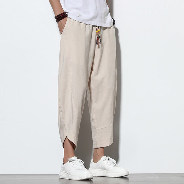 Pantalones harén de lino para hombre, informales, de verano, con cordón ajustable, de longitud 7-8 y bolsillos, de Buddha Stones