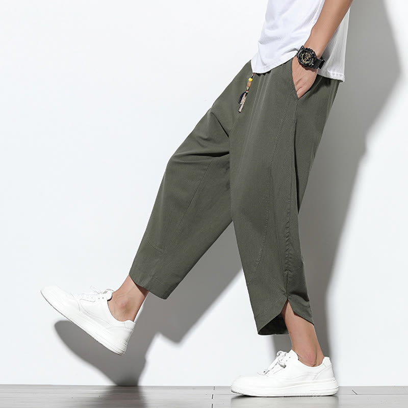 Pantalones harén de lino para hombre, informales, de verano, con cordón ajustable, de longitud 7-8 y bolsillos, de Buddha Stones