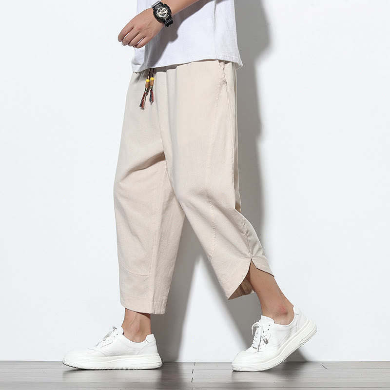 Pantalones harén de lino para hombre, informales, de verano, con cordón ajustable, de longitud 7-8 y bolsillos, de Buddha Stones
