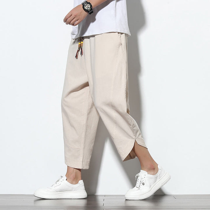 Pantalones harén de lino para hombre, informales, de verano, con cordón ajustable, de longitud 7-8 y bolsillos, de Buddha Stones