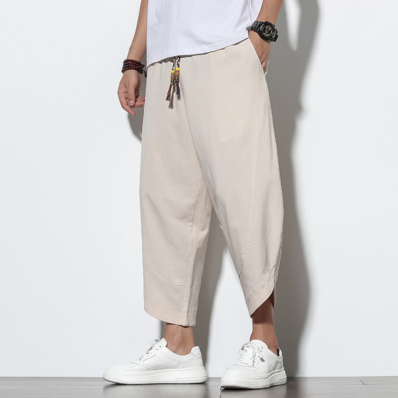 Pantalones harén de lino para hombre, informales, de verano, con cordón ajustable, de longitud 7-8 y bolsillos, de Buddha Stones