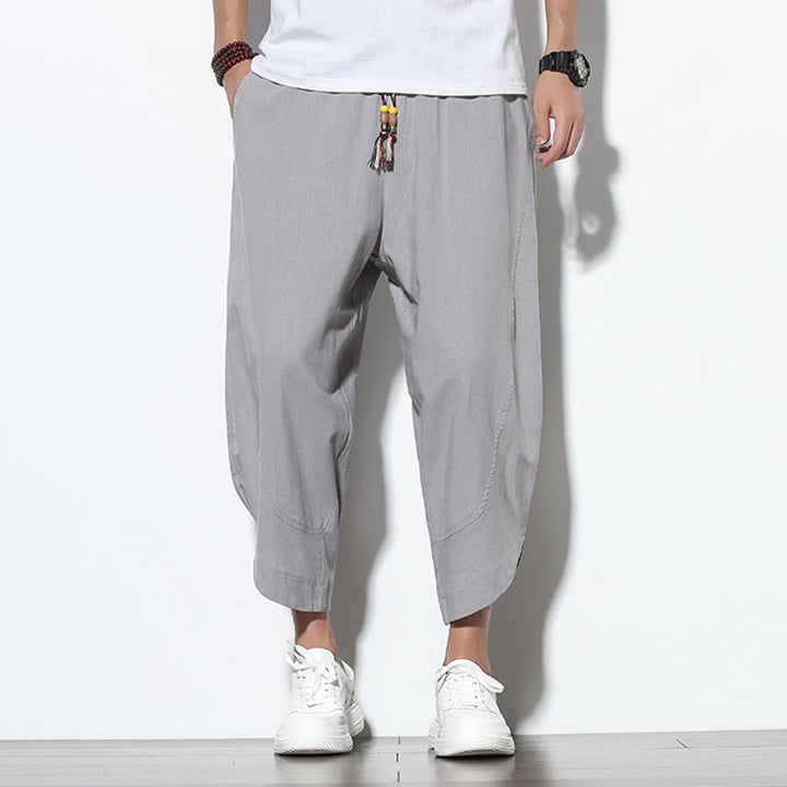 Pantalones harén de lino para hombre, informales, de verano, con cordón ajustable, de longitud 7-8 y bolsillos, de Buddha Stones