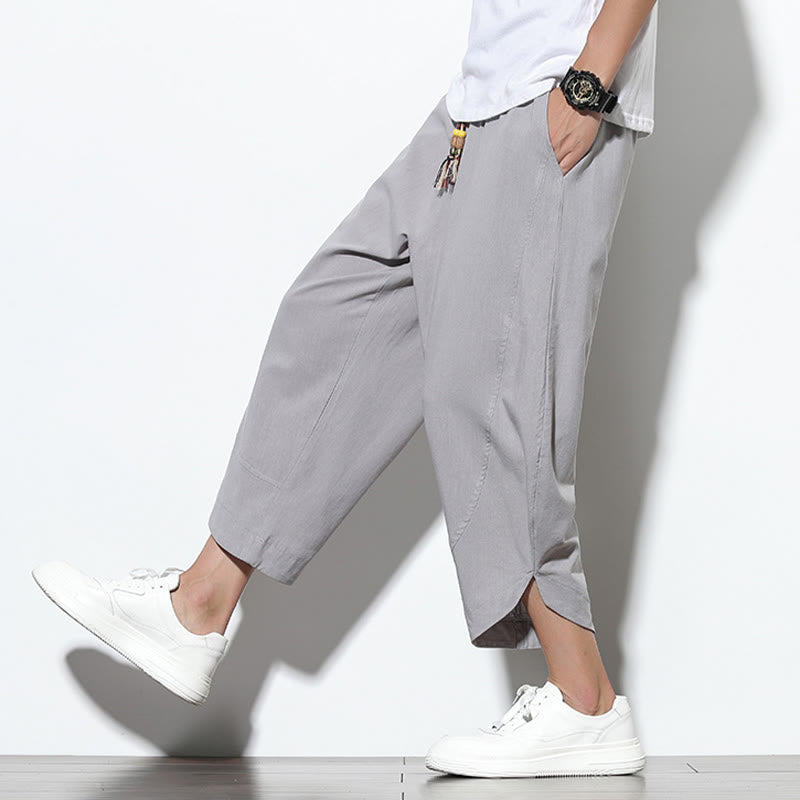 Pantalones harén de lino para hombre, informales, de verano, con cordón ajustable, de longitud 7-8 y bolsillos, de Buddha Stones