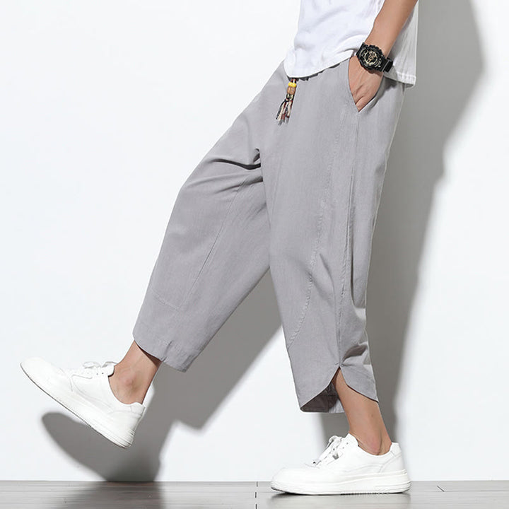 Pantalones harén de lino para hombre, informales, de verano, con cordón ajustable, de longitud 7-8 y bolsillos, de Buddha Stones