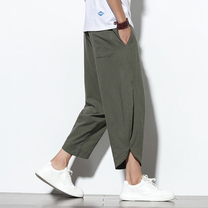 Pantalones harén de lino para hombre, informales, de verano, con cordón ajustable, de longitud 7-8 y bolsillos, de Buddha Stones