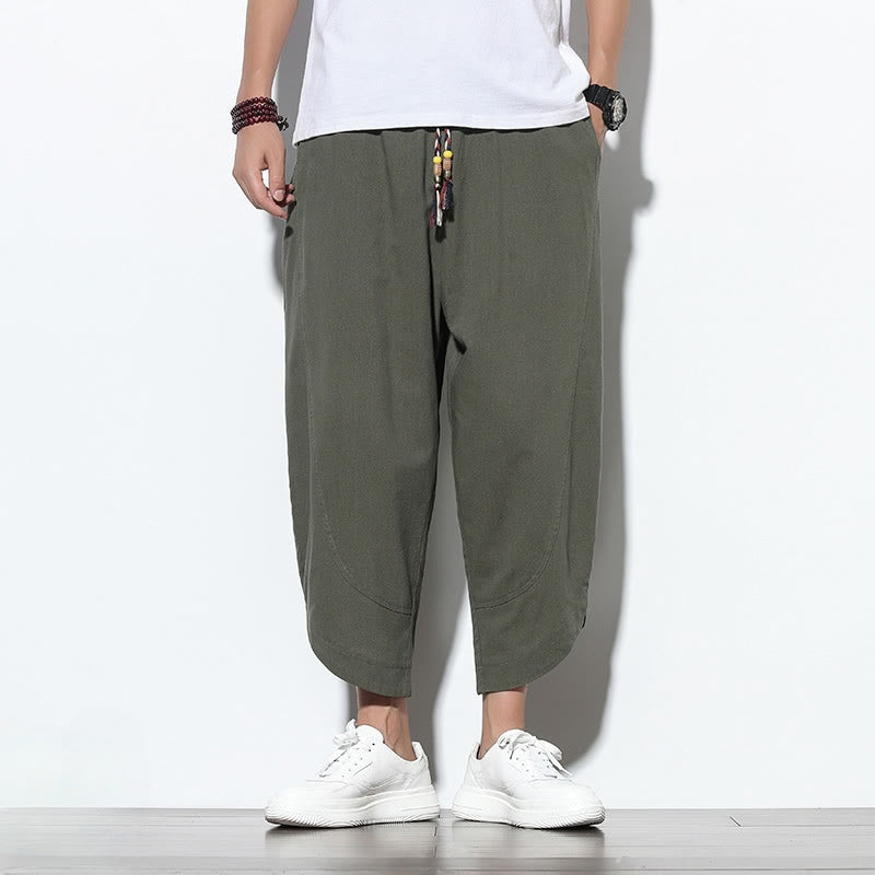 Pantalones harén de lino para hombre, informales, de verano, con cordón ajustable, de longitud 7-8 y bolsillos, de Buddha Stones