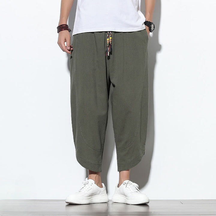 Pantalones harén de lino para hombre, informales, de verano, con cordón ajustable, de longitud 7-8 y bolsillos, de Buddha Stones