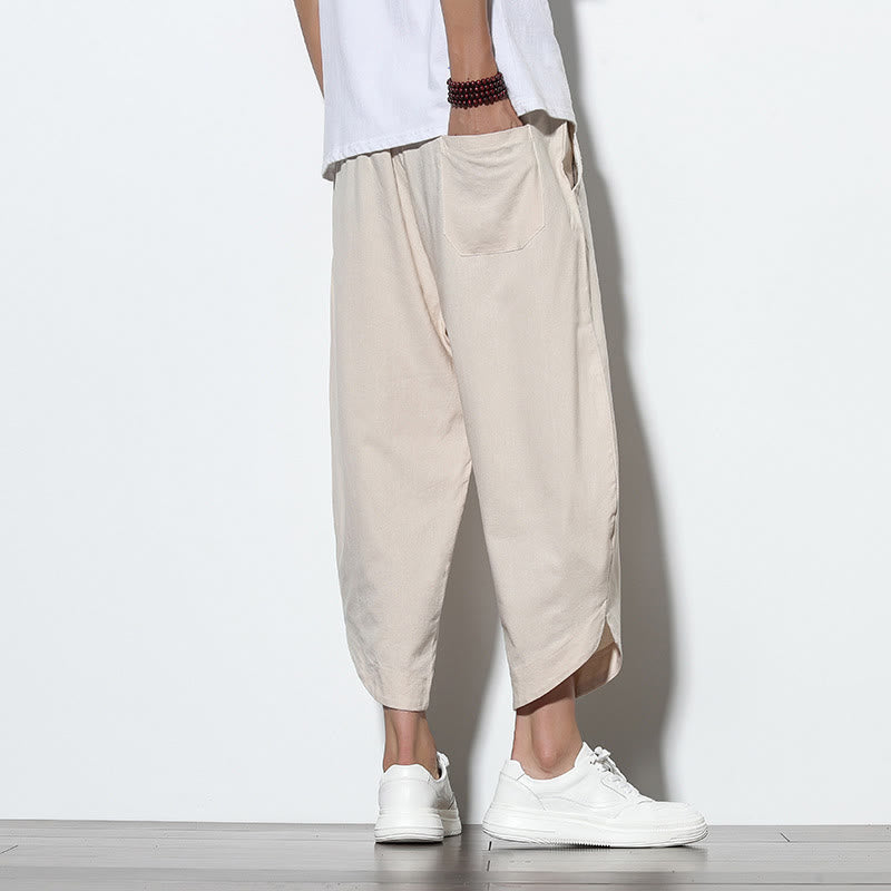 Pantalones harén de lino para hombre, informales, de verano, con cordón ajustable, de longitud 7-8 y bolsillos, de Buddha Stones
