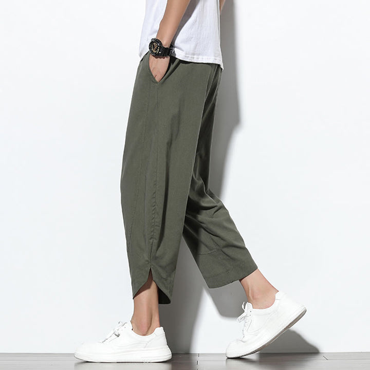 Pantalones harén de lino para hombre, informales, de verano, con cordón ajustable, de longitud 7-8 y bolsillos, de Buddha Stones