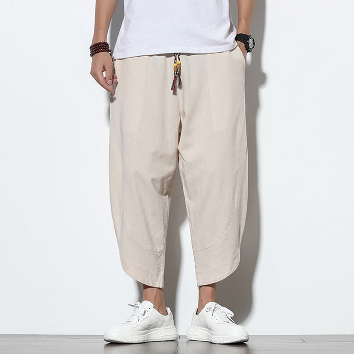 Pantalones harén de lino para hombre, informales, de verano, con cordón ajustable, de longitud 7-8 y bolsillos, de Buddha Stones