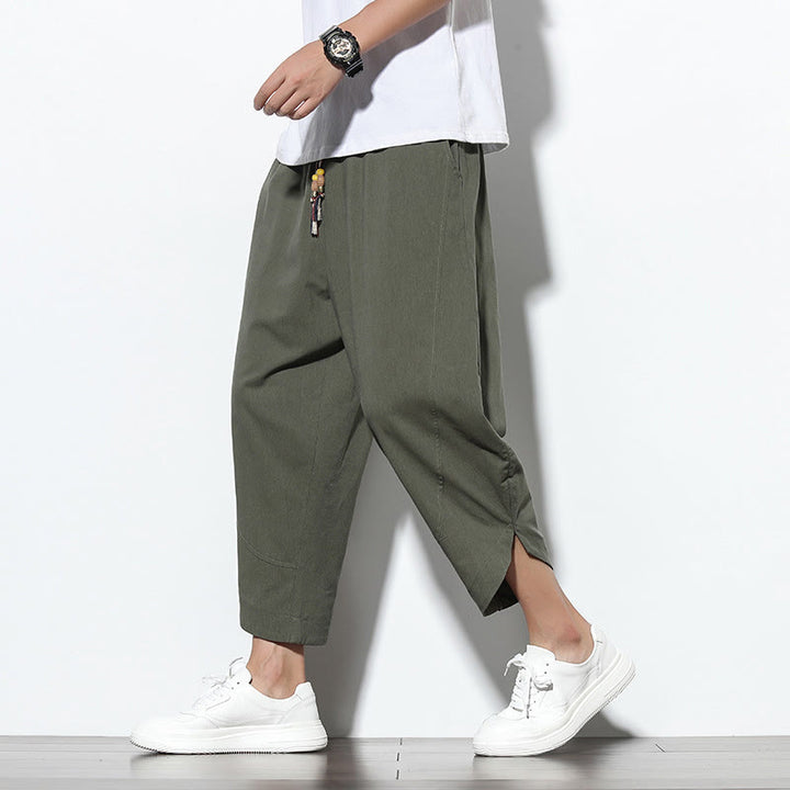 Pantalones harén de lino para hombre, informales, de verano, con cordón ajustable, de longitud 7-8 y bolsillos, de Buddha Stones