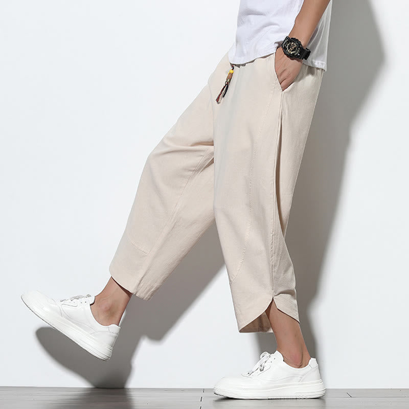Pantalones harén de lino para hombre, informales, de verano, con cordón ajustable, de longitud 7-8 y bolsillos, de Buddha Stones