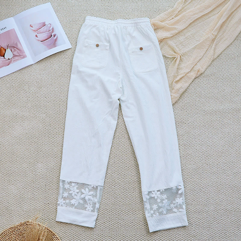 Pantalones de lino y algodón con bolsillos para mujer, diseño de patchwork, liso, con diseño floral y encaje, de Buddha Stones Summer Daily