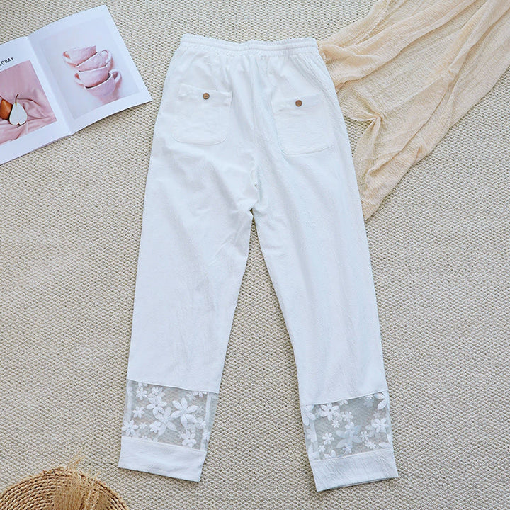 Pantalones de lino y algodón con bolsillos para mujer, diseño de patchwork, liso, con diseño floral y encaje, de Buddha Stones Summer Daily